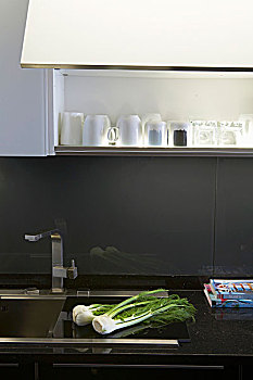 特写,厨房操作台,不锈钢,水槽,黑色,灰色,涂绘,玻璃杯,仰视,上方,柜子,室内,灯