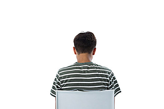 后视图,男孩,坐,椅子,白色背景