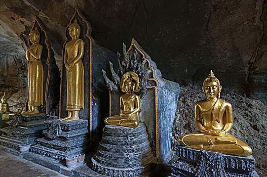 金色,雕塑,卧佛,佛教,洞穴,庙宇,寺院,猴子,攀牙,泰国
