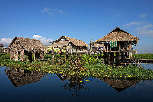 传统,房子,茵莱湖,反射,水,掸邦,缅甸,亚洲