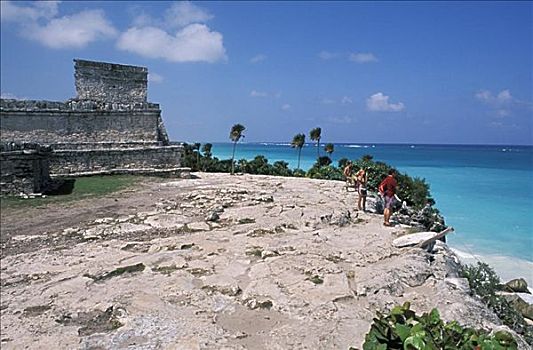 墨西哥,尤卡坦半岛,遗址,游人,岩石,悬崖,漂亮,海洋,背景