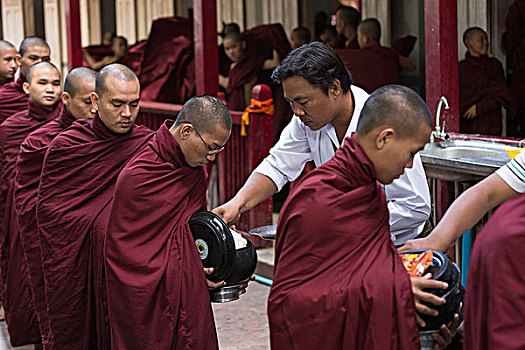 缅甸,蒲甘,年轻,僧侣,排列,午餐时间,碗,米饭,寺院