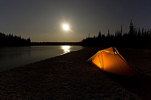帐蓬,露营,月光,满月,倒影,后面,砾石,育空地区,加拿大