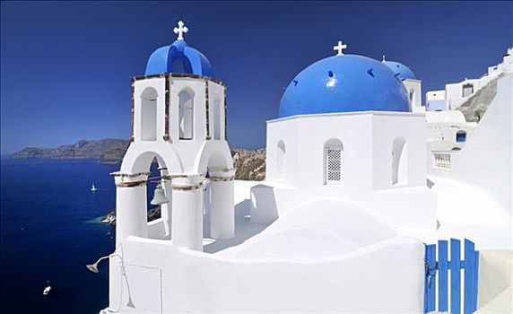 蓝色,白色,球形,教堂,钟楼,正面,蓝色海洋,锡拉岛,基克拉迪群岛,希腊,欧洲