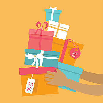 买,礼物,销售,概念,彩色,礼盒,折扣,标签,手,矢量,插画,橙色背景,黑色,星期五,寒假,季节,假日,设计