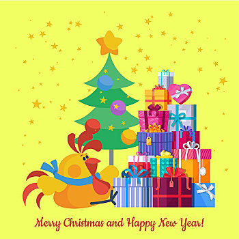 圣诞快乐,新年快乐,矢量,卡片,寒假,中国人,日历,黄道十二宫,占星,象征,新年,公鸡,礼物,圣诞树,问候,明信片,风格,插画