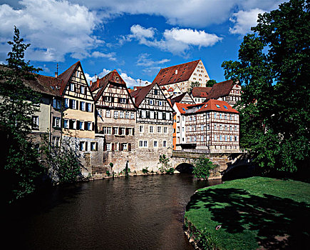德国,巴登符腾堡,半木结构,房子,河,大幅,尺寸