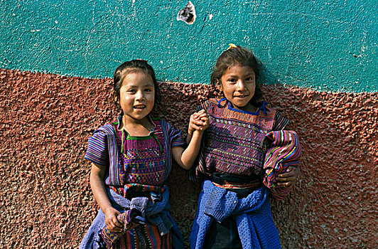 肖像,两个女孩,微笑,危地马拉