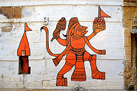 壁画,猴子,佛,哈奴曼,斋沙默尔,拉贾斯坦邦,北印度,印度,南亚,亚洲