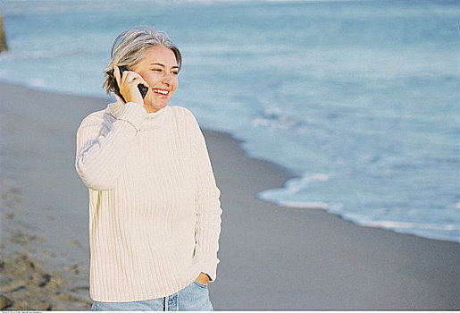 成年,女人,手机,海滩