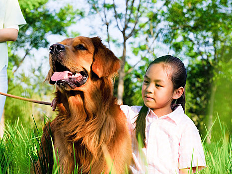 快乐的女孩和宠物狗在公园玩耍