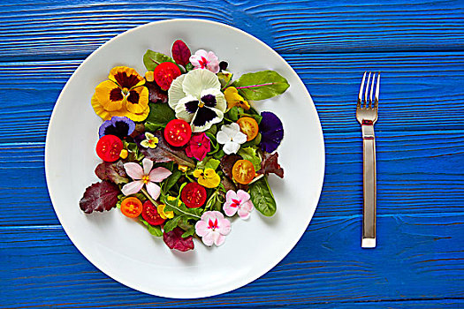 食用花卉,沙拉,盘子,蓝色背景,木桌子,叉子