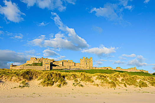 城堡,海滩,鲜明,晴天,诺森伯兰郡,英格兰,英国