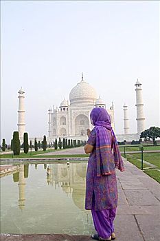 印度,印度人,女人,穿,纱丽,站立,泰姬陵