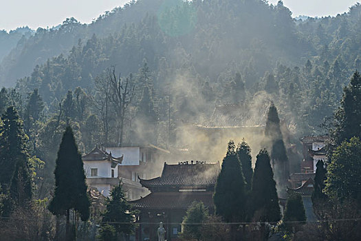 树,蓝,背景,池塘,倒影,烟,枯枝,寺庙,太阳,阳光,水,岸,淤泥,泥潭,村庄,山岗