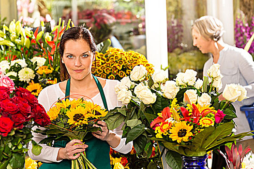 女人,花商,销售,向日葵,花束,花店