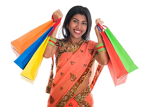 印度女人,纱丽,连衣裙,拿着,购物袋