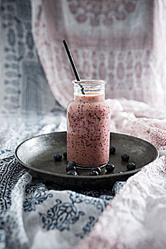 素食,蓝莓,酸奶,冰沙,玻璃杯,罐