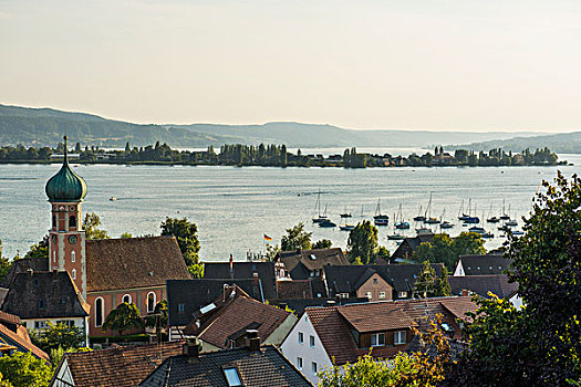 风景,圣尼古拉斯教堂,岛屿,后面,康士坦茨湖,巴登符腾堡,德国,欧洲