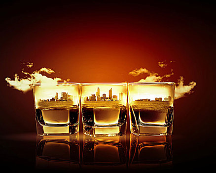 图像,三个,玻璃杯,威士忌,城市,插画