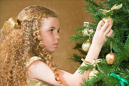 女孩,装饰,圣诞树
