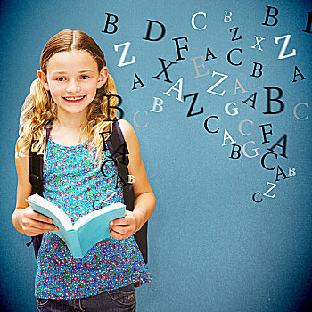 合成效果,图像,可爱,小女孩,读,书本,图书馆,蓝色背景