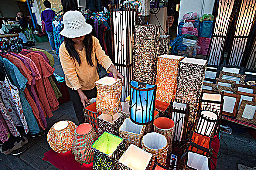 泰国,清迈,星期日,街边市场,灯罩,出售,货摊
