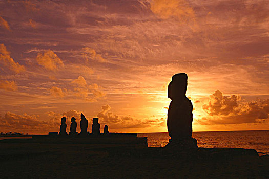 日落,遗迹,复活节岛,拉帕努伊,智利