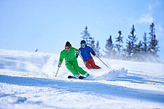 两个男人,滑雪,积雪,滑雪坡,白杨,科罗拉多,美国