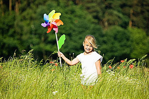 小女孩,地点,玩,彩色,风车,玩具