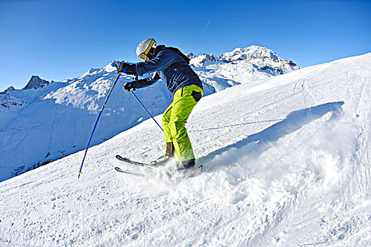 滑雪,下坡,清新,粉状雪,太阳,山,背景