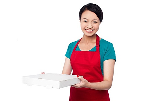 女性,厨师,拿着,白色,比萨饼盒