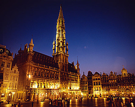 市政厅,大广场,夜晚,哥特式建筑,布鲁塞尔,比利时