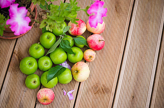成熟,苹果,叶子,木质,表面,俯视