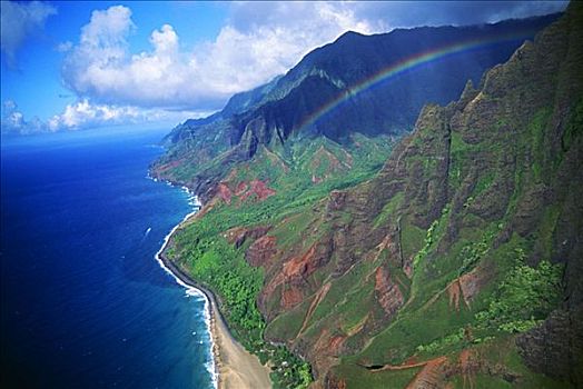 夏威夷,考艾岛,纳帕利海岸,俯视,沿岸,悬崖,彩虹