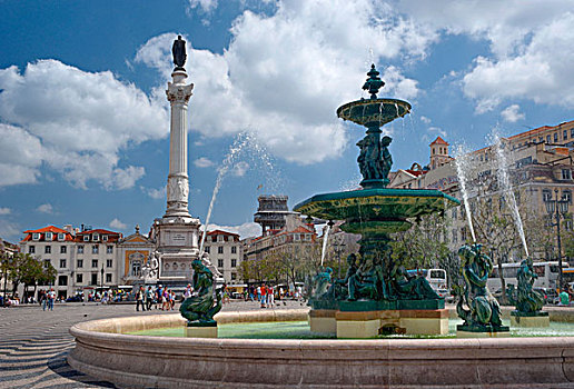 葡萄牙,里斯本,地区,罗斯奥广场,喷泉,雕塑