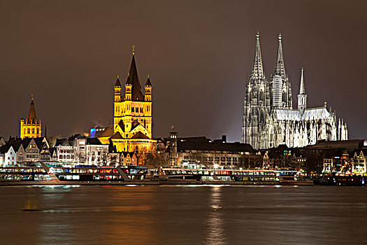 市政厅,教堂,科隆大教堂,堤岸,莱茵河,科隆,莱茵兰,北莱茵-威斯特伐利亚,德国,欧洲
