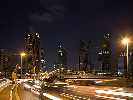 阿联酋,迪拜,夜晚,交通,模糊,道路