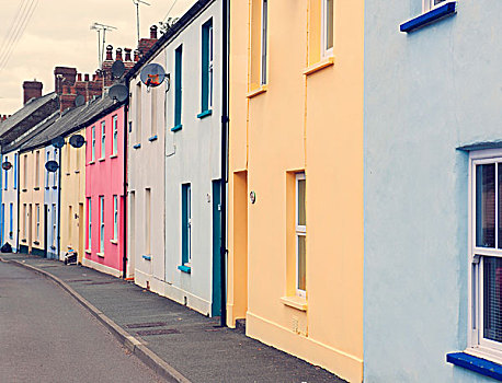 彩色,房子,街道,工作,威尔士