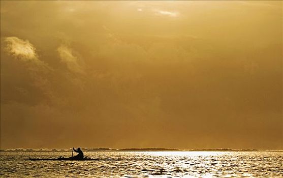 剪影,一个人,划船,船,塔希提岛,法属玻利尼西亚