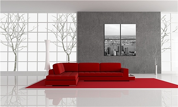 红色,角度,沙发,正面,灰色,石膏,墙壁