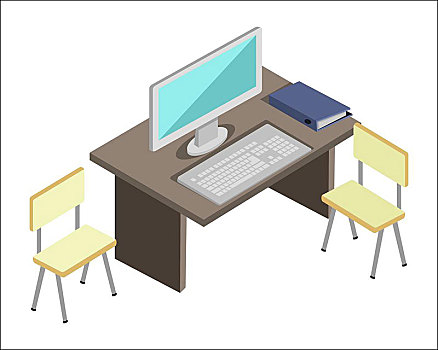 工作场所,矢量,插画,凸起,椅子,桌子,电脑,工作,办公室工作,家具,概念,网络,设计,隔绝,白色背景,背景
