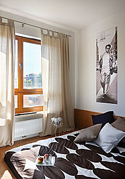 床,现代,线条,仰视,窗户,齐地,帘