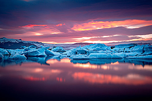 冰山,日落,杰古沙龙湖,冰河,泻湖,冰岛