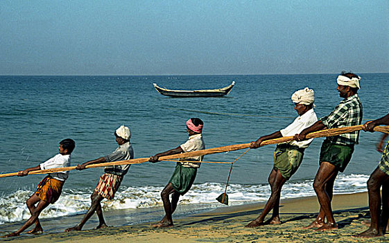 渔民,拉拽,网,海洋,科瓦拉姆,喀拉拉,印度,二月,2004年