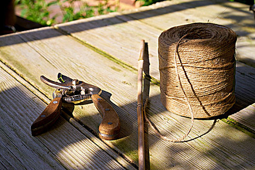 英国,花园,木桌子,器具,绳,修枝夹