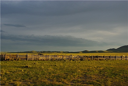 畜栏,草原,绿色,山,靠近,蒙大拿
