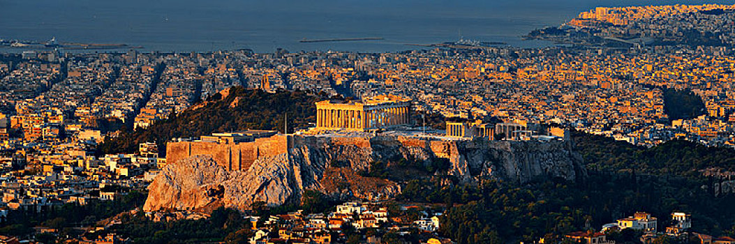 雅典,天际线,日出,山,全景