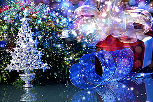 蓝色,圣诞节,装饰,带,蓝色背景