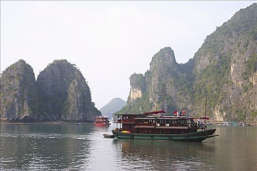 游览船,岩石构造,背景,下龙湾,越南